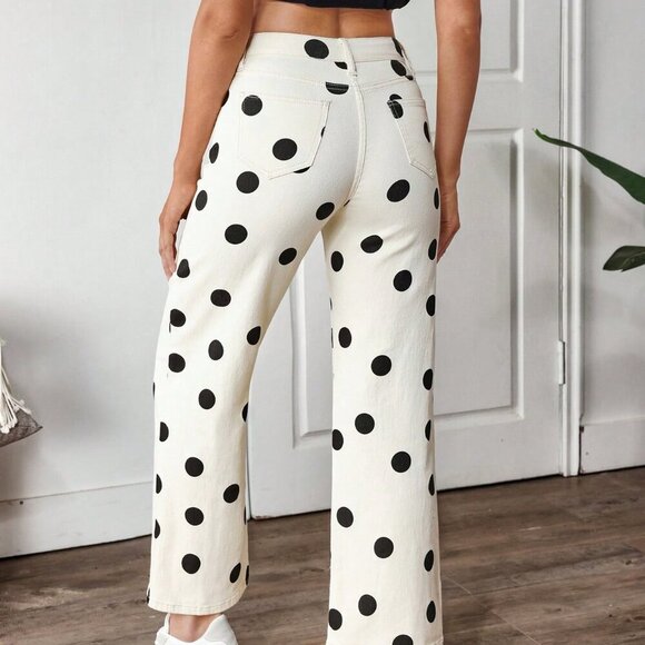 Khaki Casual Women's Color-Block Polka Dot Print Straight Leg Jeans - Picture 2 of 7